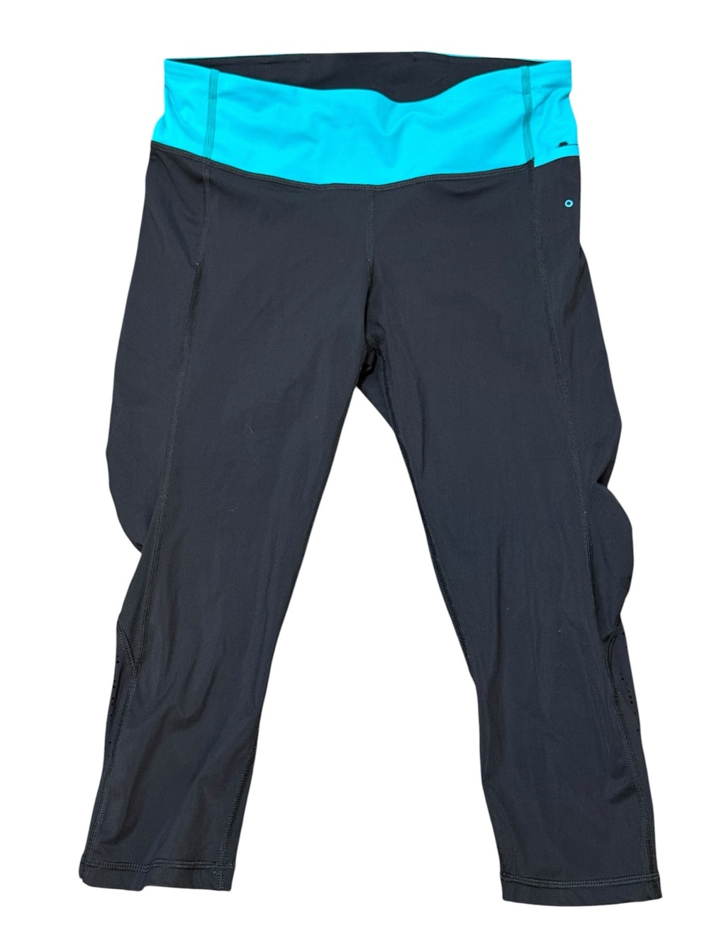 Lululemon run crop leggings size 6 black teal laser cut running yoga athleisure